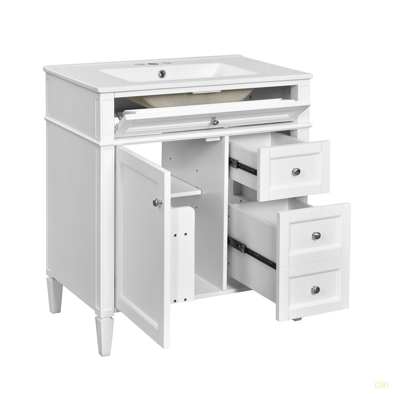 Meuble-lavabo de salle de bain avec lavabo supérieur, meuble de rangement moderne avec 2 tiroirs et un tiroir basculant, meuble-lavabo simple