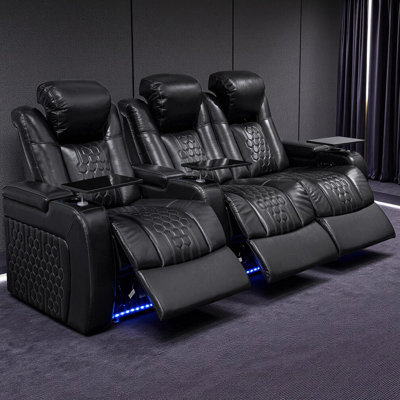 Fauteuil inclinable électrique de 93,3 po à 3 sièges, fabriqué en cuir nappa de grain supérieur, relaxation entièrement réglable, charge intelligente et éclairage DEL inclinable, support confortable, 17 couleurs