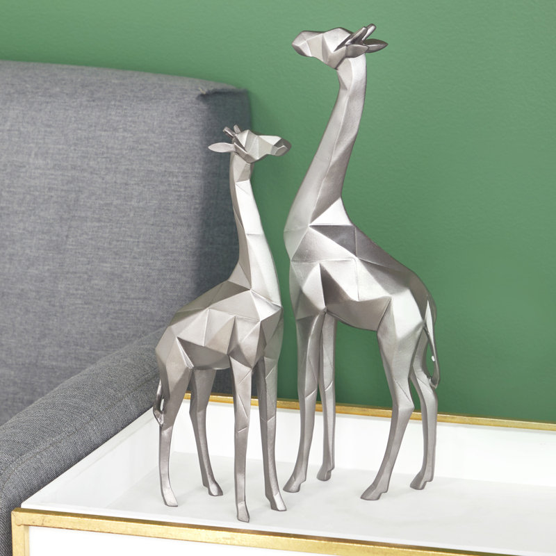Silver Geometric Polystone Giraffe Sculptures, Set of 2