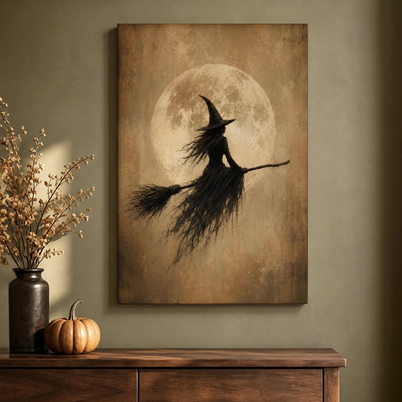 Tableau vintage « Sorcière volante et pleine lune », toile tendue sur châssis, 61 x 91 cm, prête à accrocher.