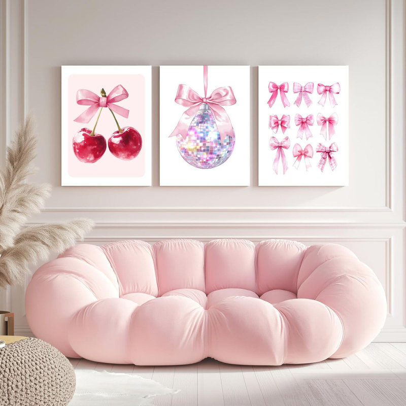 Framed Pink Coquette Bow Trendy Preppy Wall Art Prints Set Of 3, Coquette Room Decor, Preppy Room Dorm Decor Aesthetic, Pink Bow Cherry Disco Ball Wall Decor Posters