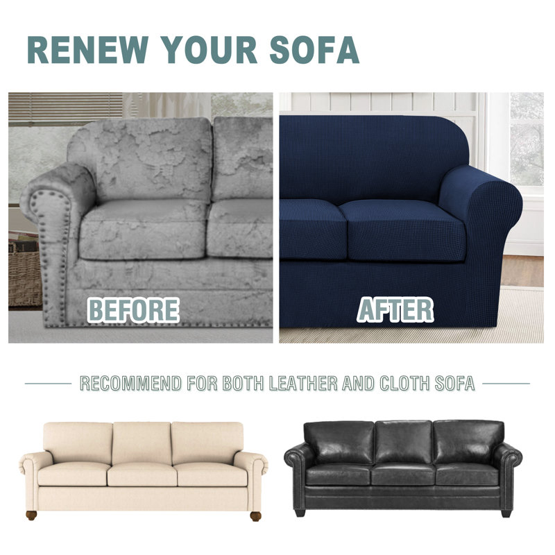 Machine Washable Sofa Slipcover Armchair Cover Rich Textured High Spandex Small Checks Knitted Jacquard Sofa Slipcover with Cushion Covers