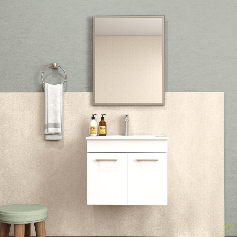Meuble-lavabo 24 po avec lavabo et miroir, meuble-lavabo mural avec portes doubles, cadre en aluminium, charnières à fermeture douce, longues poignées en métal, lavabo en céramique