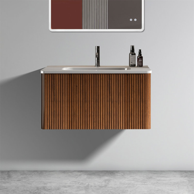 Meuble-lavabo flottant en noyer rayé 30 po avec lavabo en céramique blanc, fixé au mur pour salle de bain moderne, pré-assemblé