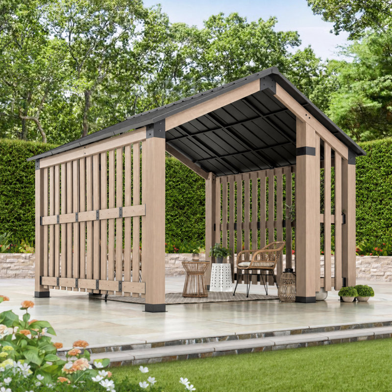 Sunjoy Pavillon de jardin rigide en bois de cèdre 11 x 11 pi avec écran d'intimité