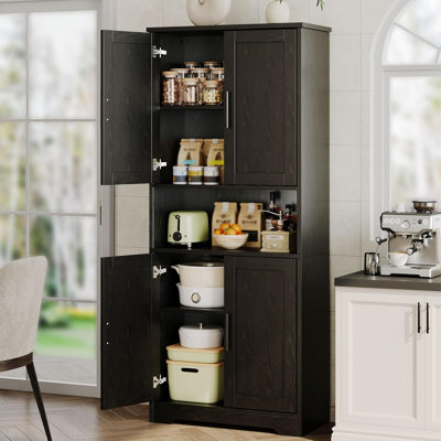 Garde-manger noir, garde-manger de 70 po de hauteur avec portes et tablettes réglables, armoire autoportante, grande armoire de rangement pour salle de bain, salle à manger, salon