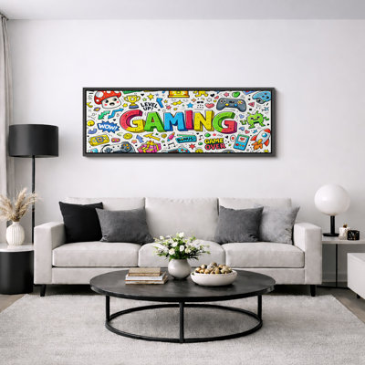 Gaming Doodle Colorful Cartoon Game Elements Kids Room Wall Decor Extra Large Pictures Framed Canvas Print Wall Art