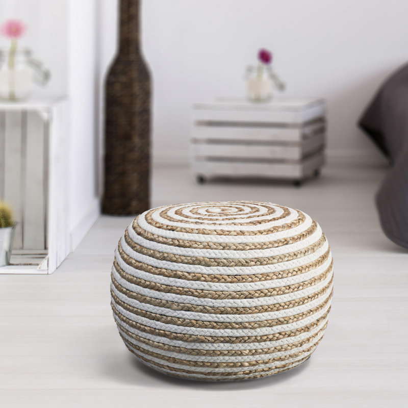 20" Cotton Blend Round Striped Pouf Ottoman, White
