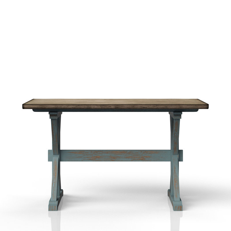 Table haute de comptoir en bois massif bleu, idéale pour les soupers décontractés.