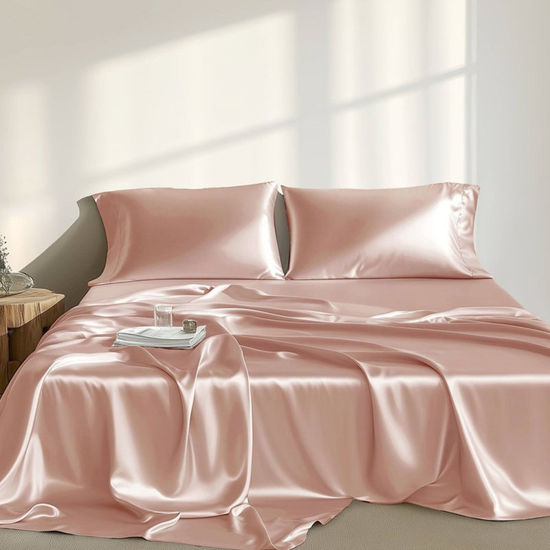 4 draps de luxe en satin simple rosé - froissé, doux pour la peau, frisottis apprivoisés, 1 drap plat, taies d'oreiller ajustées lisses et soyeuses, réduit les bris,