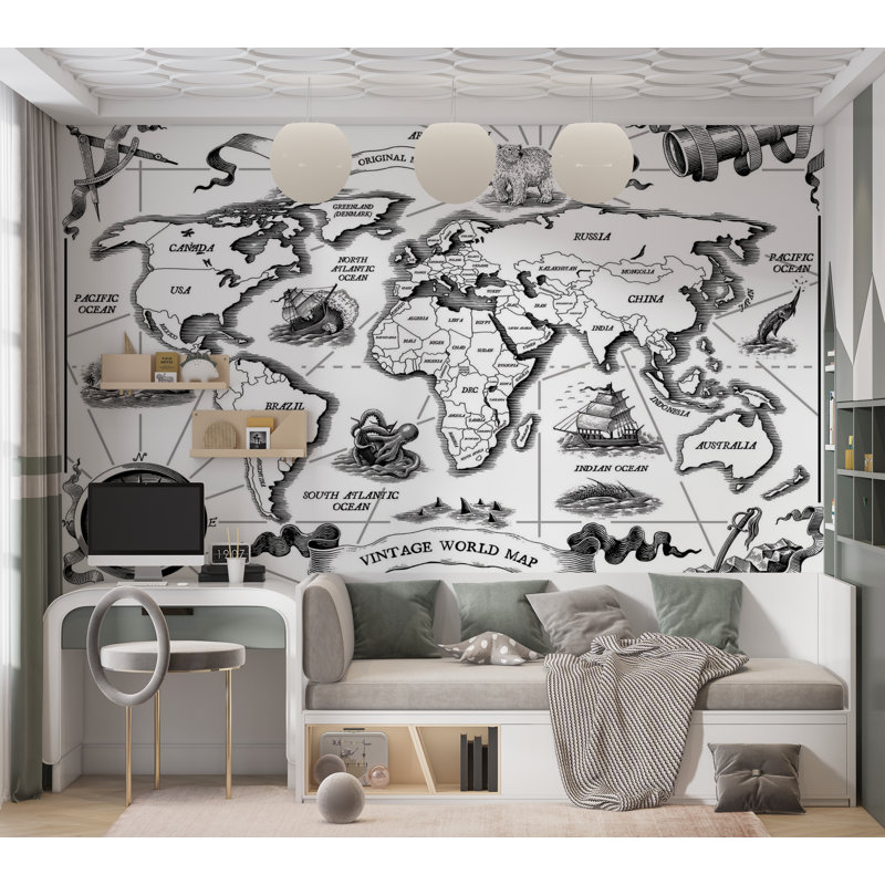 Papier peint de qualité supérieure - carte du monde rétro, L 40 po x l 60 po