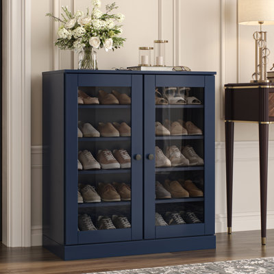 100% Solid Wood Glass Door Shoe Storage Cabinet with Adjustable Shelves, Space Saving Stackable Entryway Organizer, 32" W x 35.75" H