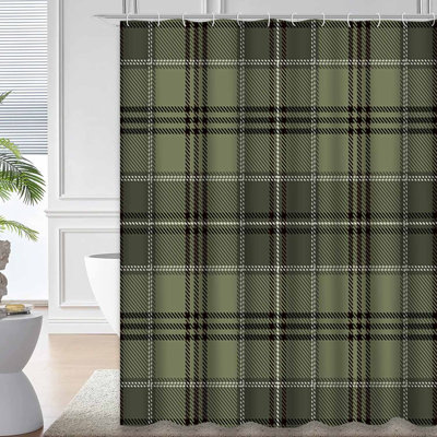 Green Black White Tartan Plaid Buffalo Shower Curtain with 12 Hooks