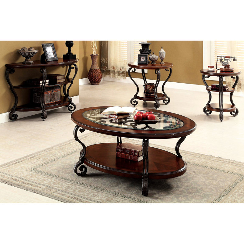 Table basse de salon classique avec finition cerisier brun et ornements en bois massif avec rangement ouvert