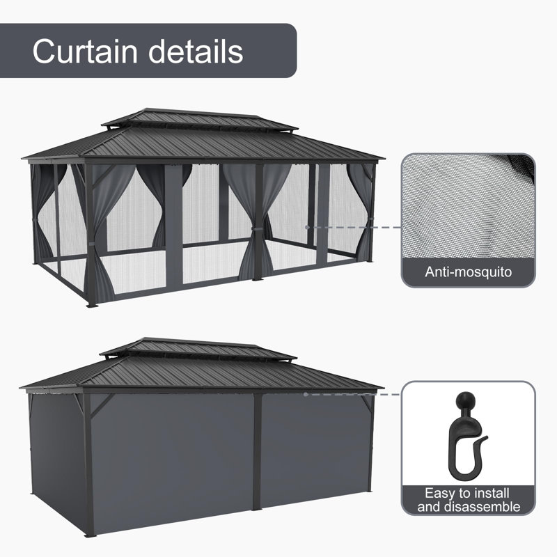 Structure extérieure en acier galvanisé - Pavillon de jardin à toit rigide avec double toit robuste, filets et rideaux pour patio ou cour arrière, 12 x 20 pi (gris)