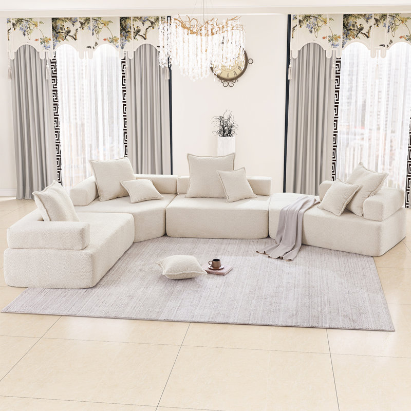 Breydan Oversized Floor Couch Foam-filled Sectional Sofa, Beige Chenille