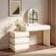 Table de coiffeuse de luxe 2 en 1 avec finition en cuir, miroir lumineux à DEL 3 couleurs, longueur réglable et 5 tiroirs de rangement