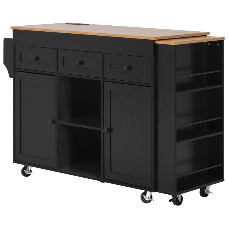 Îlot de cuisine avec table de salle à manger extensible, table de rangement de cuisine avec 3 tablettes latérales ouvertes, îlot de cuisine roulant avec prise de courant, 3 tiroirs, 2 portes, pour la cuisine, la salle à manger