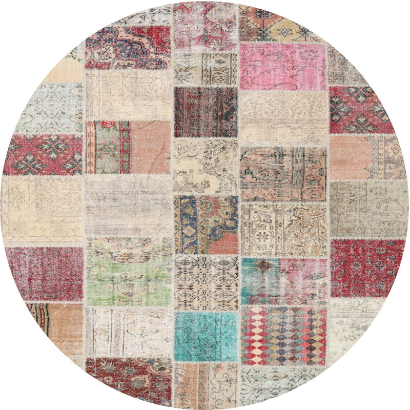 Tapis gris/rose/beige contemporain, Rond 5 pi
