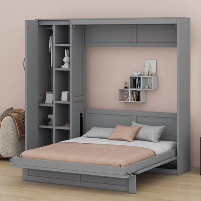 Lit escamotable mural avec rangement intégré, tablettes et éclairage décoratif DEL