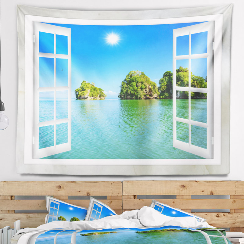 Tapisserie de fenêtre ouverte à l’ocean îlots, H 78 po x l 92 po