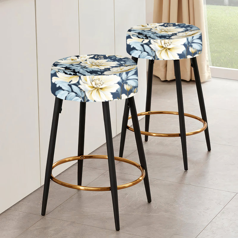 Ensemble de 2 tabourets de bar ornés de damas beiges et bleus