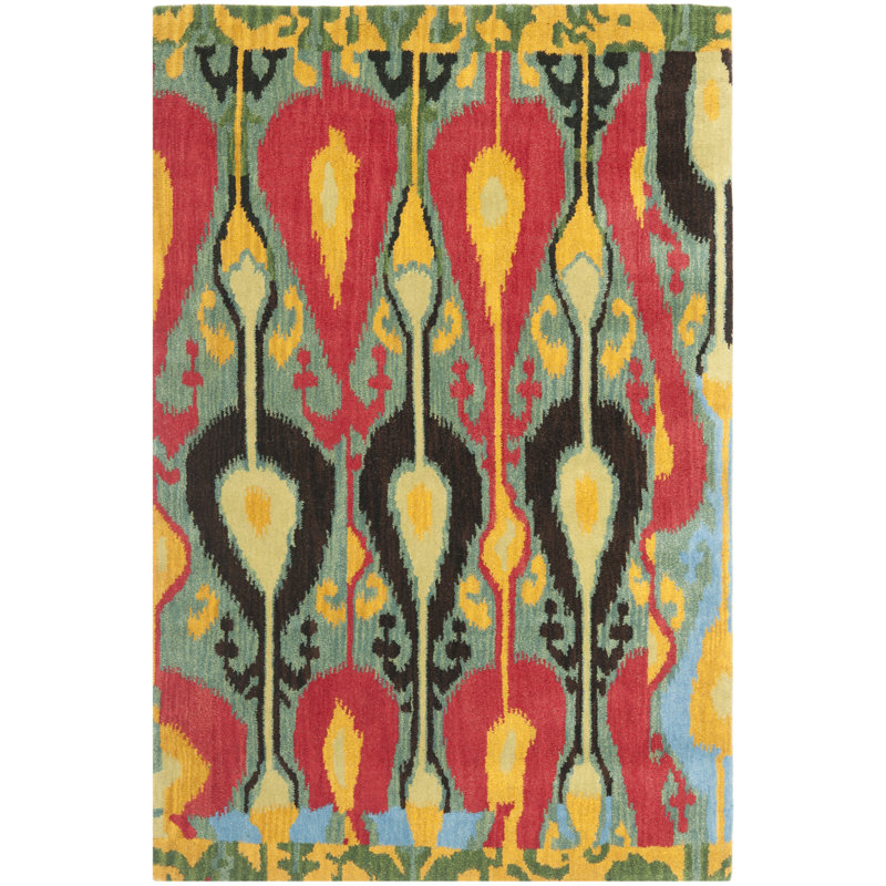 Tapis vert / rouge / jaune touffeté à la main Kline, Rectangle 5 pi x 8 pi