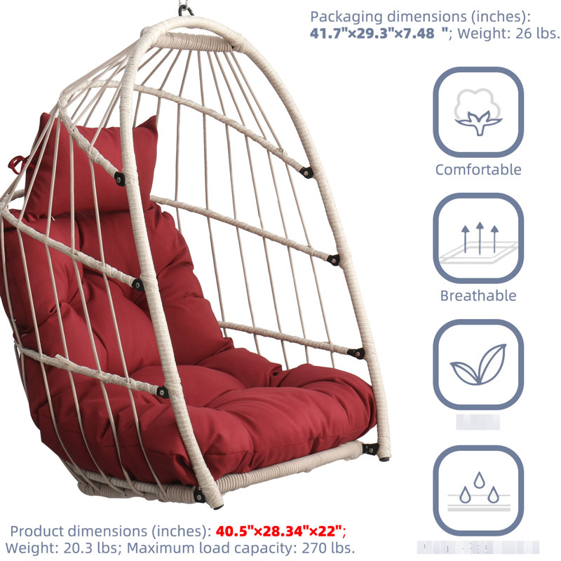 Fauteuil à œufs suspendu Red Garden - PE, pliable, avec coussin et suspension en acier inoxydable solide pour siège de balançoire amovible