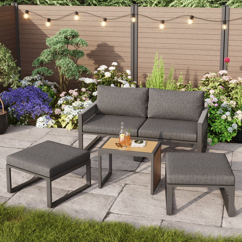 Grey Linen Fabric 2-4 Seater Weatherproof Outdoor Patio Lounge Set with Plastic Wood Table, with Polyester Rope