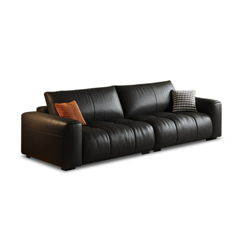 Canapé modulaire noir en cuir véritable, 29.92" H x 86.61" W x 41.34" D