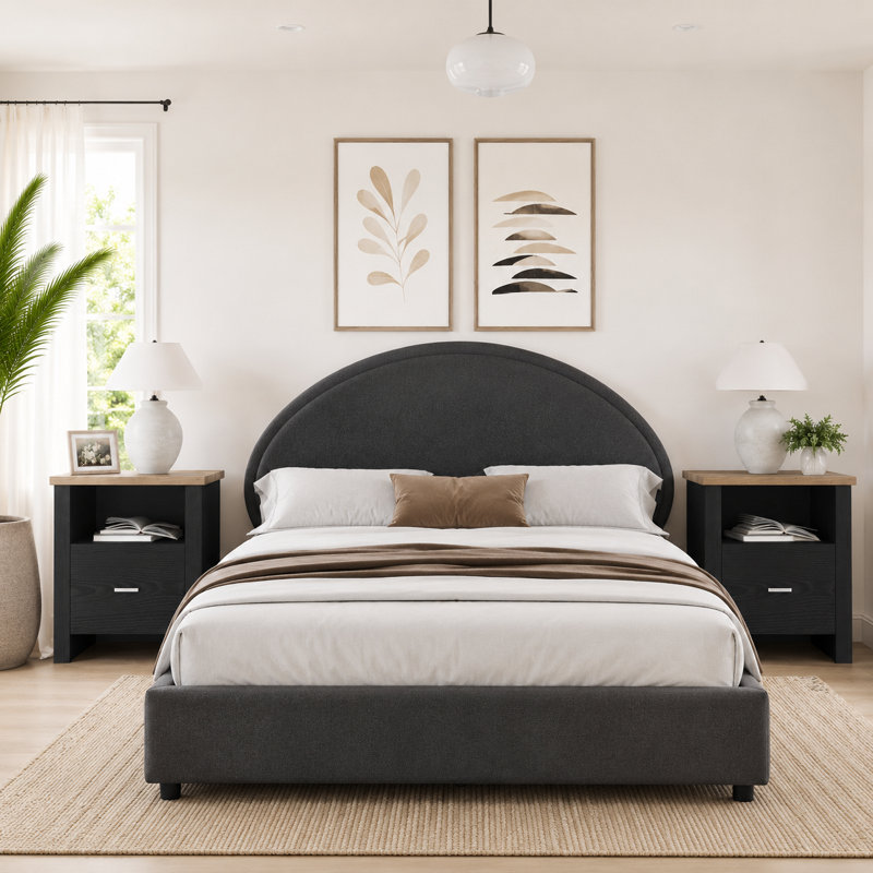 Ensemble de chambre à coucher 3 pièces, avec cadre de lit plateforme tapissier Boucle et base de bois ouverte, Double