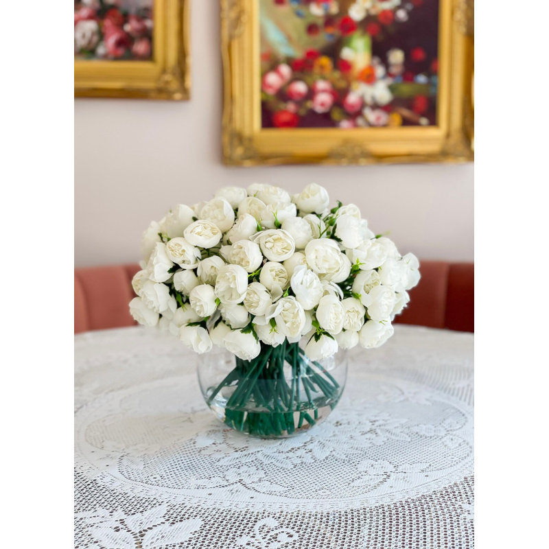 Peony Silk Arrangement In Vase With 189 Small Peonies, White