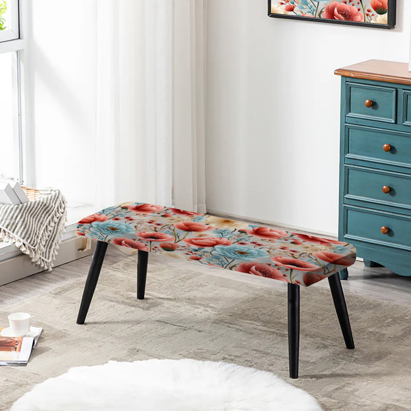 Motif d'hortensias beige et corail - Banc rembourré floral noir