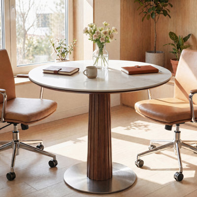31.5 Inch Round Conference Table, Small Meeting Room Table，Sintered Stone Tabletop and Solid Wood + Stainless Steel Base