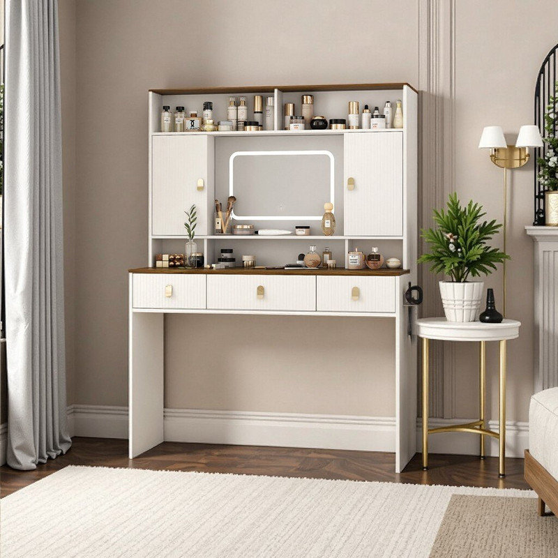 Vanity Desk with Illuminated Mirror and Storage Drawers, Engineered Wood Dressing Table