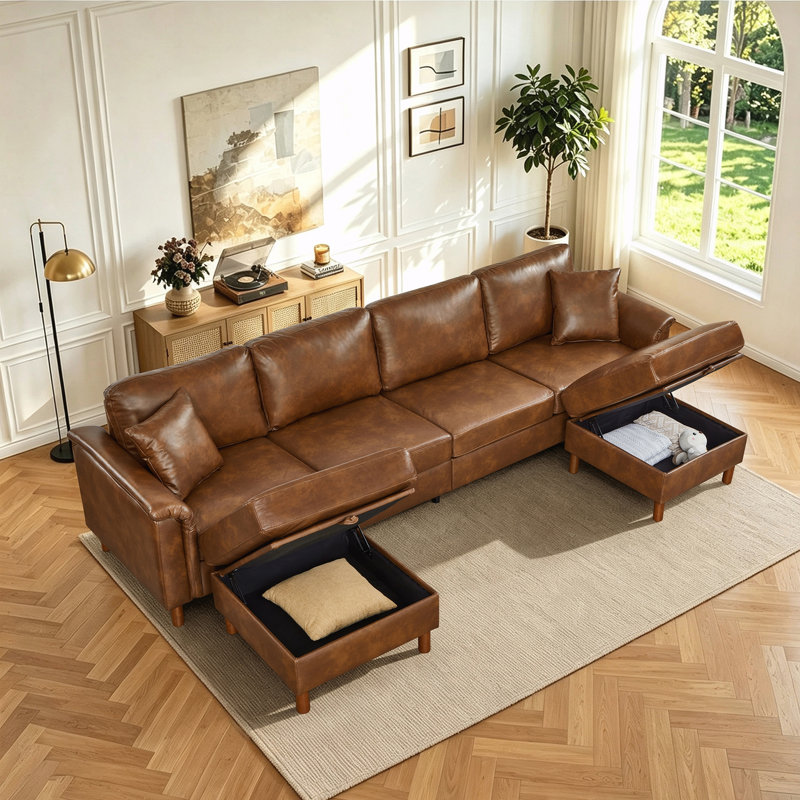 Upholstered Sofa, Brown Faux Leather