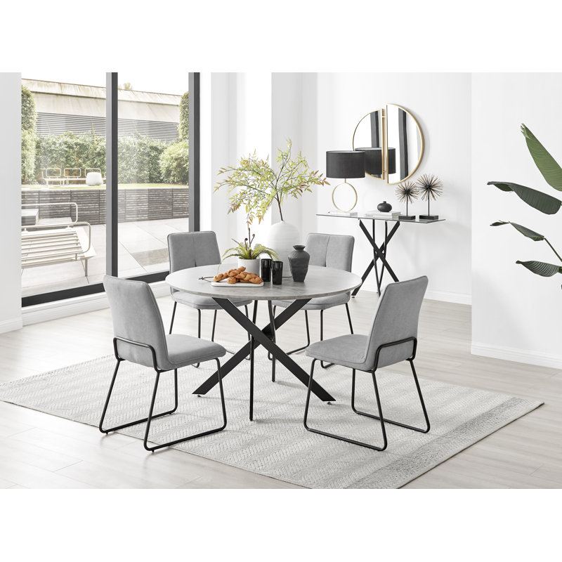 Tierra Modern Chrome Metal & Marble Effect Round Dining Table Set with 4 Chairs, 75 x 120 x 120cm, Light Grey