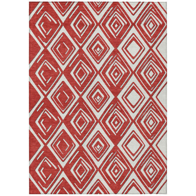 5' X 8' Red And Ivory Geometric Washable Indoor Outdoor Area Rug