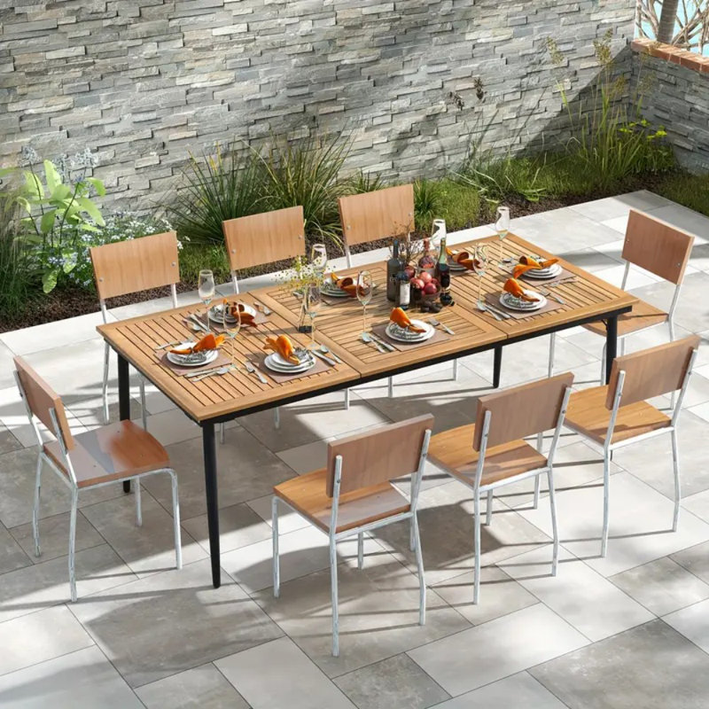 79" Extra Long Outdoor Dining Table For 8 People - Heavy-Duty Acacia Wood & Metal Construction With 1.9" Umbrella Hole, Extra Wide Patio Table For Backyard, Deck, Dining Room - Sturdy Base With Adjustable Feet - Natural Wood Finish ( Seats 8 Adults, Spac