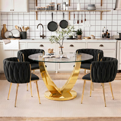 38.9" Round Glass Dining Table Set for 4, Clear Round Kitchen Set with 4 Upholstered Velvet Chairs, for Kitchen, Dining and Space Saving
