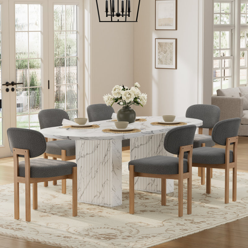 Ensemble de table de cuisine ovale à double piédestal, 7 Pieces: Table, 6 Chairs, Grey