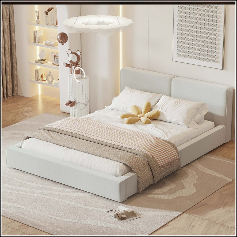 Queen Upholstered Platform Bed with Velvet Fabric