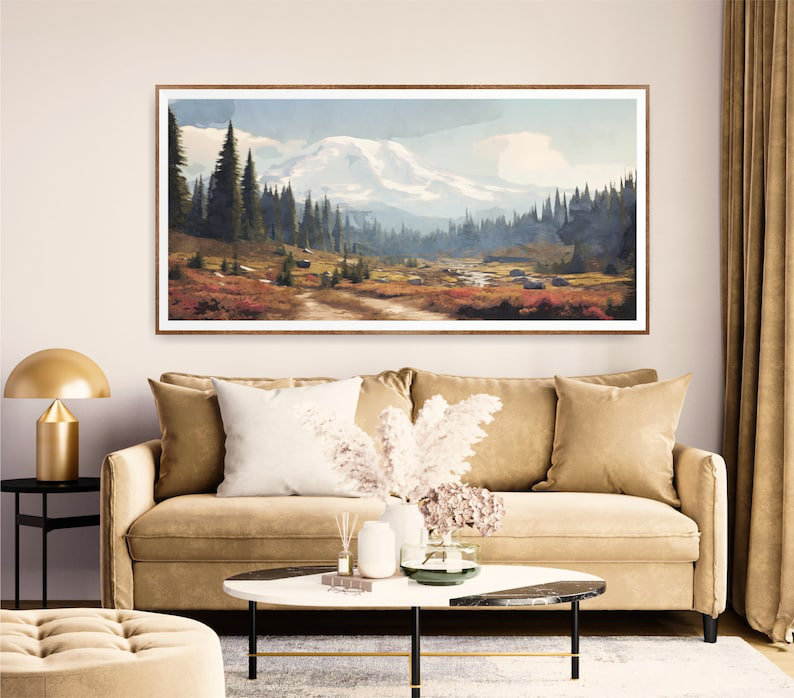 «Mount Rainer National Park», art mural horizontal, impression de voyage à l'aquarelle, H 16 po x l 32 po x P 1,5 po