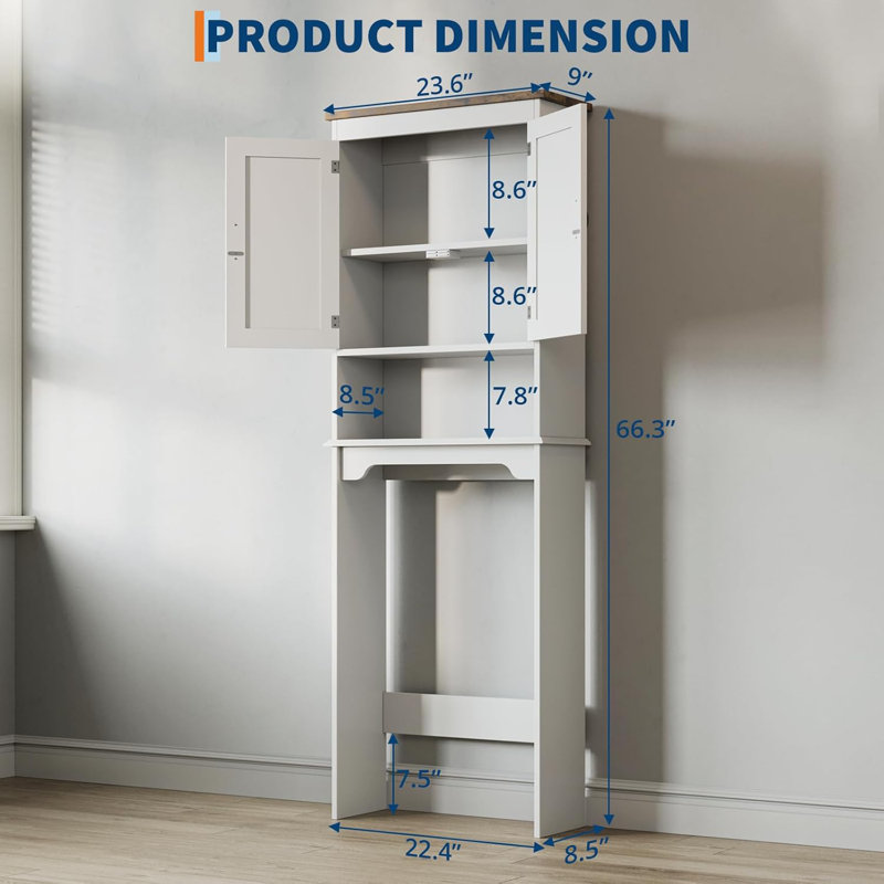Over The Toilet Storage Cabinet, 66''H Bathroom Space Saver Organizer With Double Doors & Adjustable Shelves Free Standing Toilet Shelf For Small Bathrooms, Easy Assembly