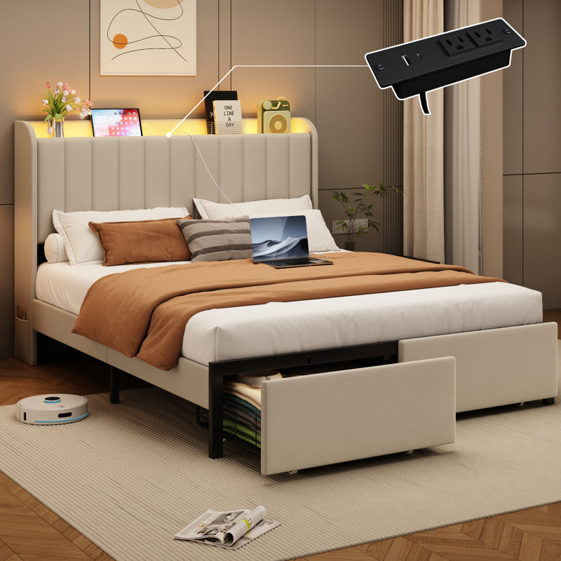 Cadre de lit double avec tête de lit de rangement et 2 tiroirs, cadre de lit plateforme rembourré avec lumières DEL et station de recharge pratique, aucun sommier requis, montage facile, silencieux