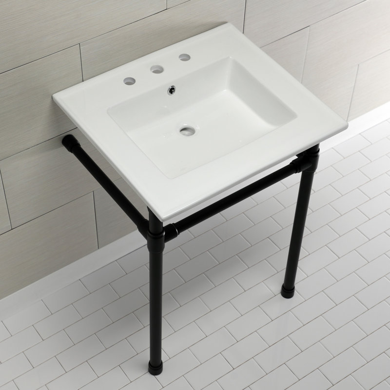 Kingston Brass Dreyfuss 25-Inch Ceramic Console Sink with Stainless Steel Legs, Matte Black, 8" Centers