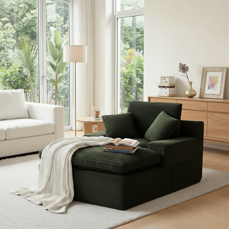 Fully Assembled Compression Corduroy Chaise Lounge Chair Singe Sofa with 3 Pillows, Dark Gray