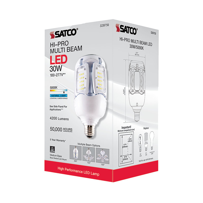 30 watts (équivalent à 200 watts), DEL en épi de maïs, ampoule à intensité variable, culot E26 / moyen (standard)