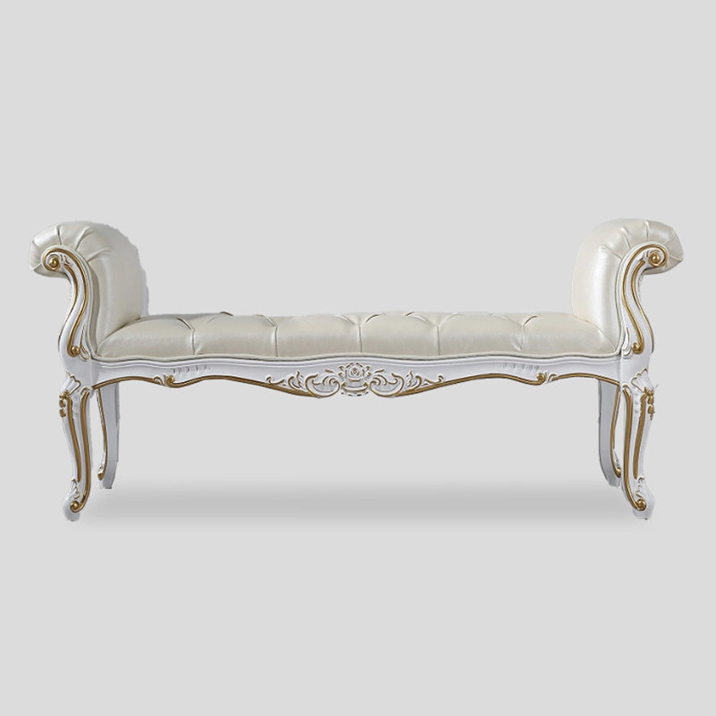 Banc en bois de bouleau sculpté et cuir de style européen pour chambre et salon, Beige, Blanc