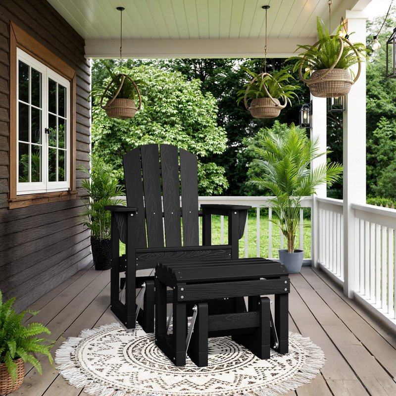 High Density Polyethylene Glider Adiroddack Chair with Glider Ottoman, Black